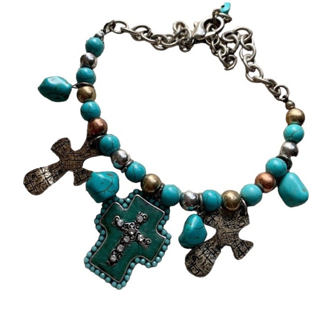 Turquoise Blue Green Cross Rhinestones Boot Chain Jewelry Southwestern Country